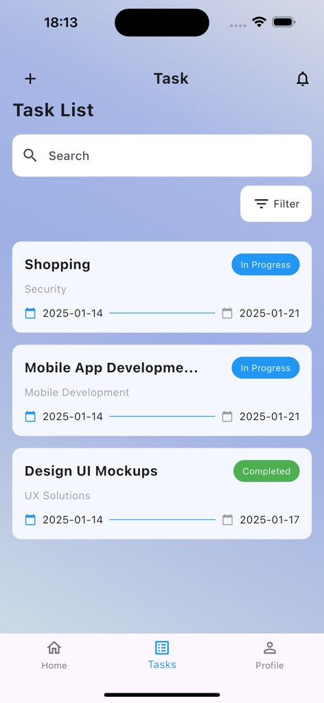 TaskFlow: Simple Project Timer - TaskFlow app interface showing a list of projects with status indicators and timelines.