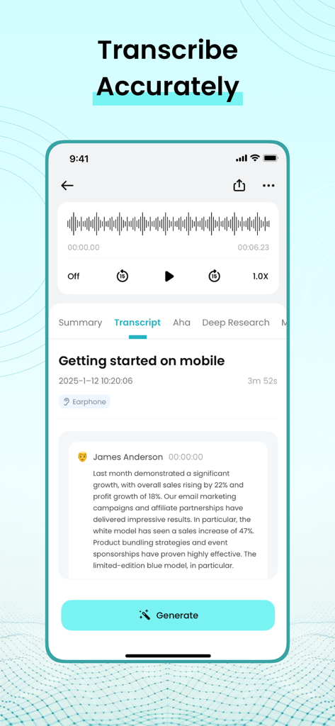 TicNote: AI Recorder & Agent - Interfaccia dell'app mobile TicNote che mostra una trascrizione AI accurata della riunione con forma d'onda audio ed etichette degli altoparlanti.