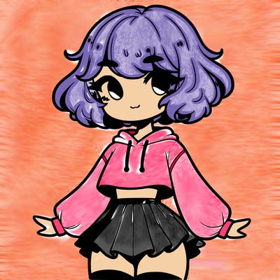 cute femboy with short, fluffy hair that softly frames their face, wearing a cropped hoodie, paired with a flouncy short skirt, and thigh-high stockings