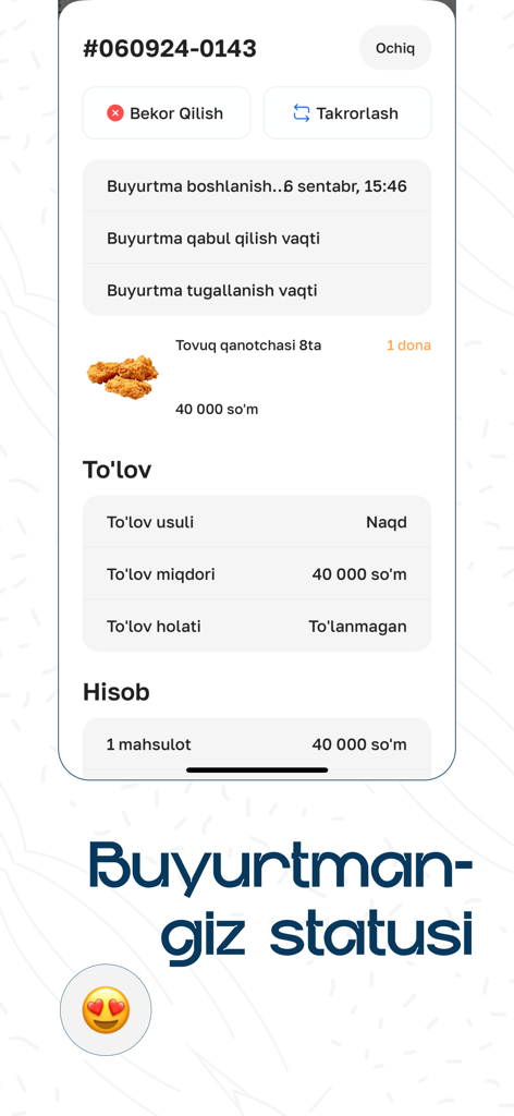 Mobile app screen showing a food order summary with chicken wings and payment details in Uzbek language