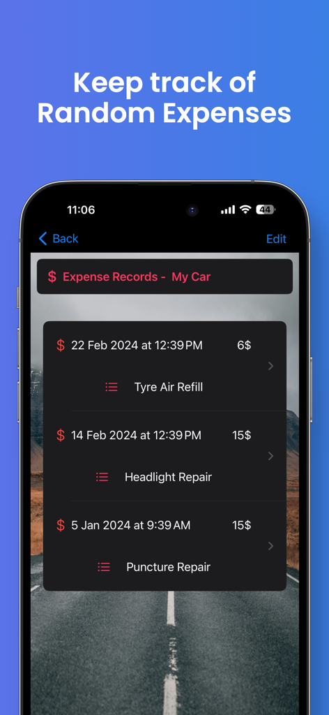 Mobile app screen showing a list of car maintenance expenses including repair costs and dates