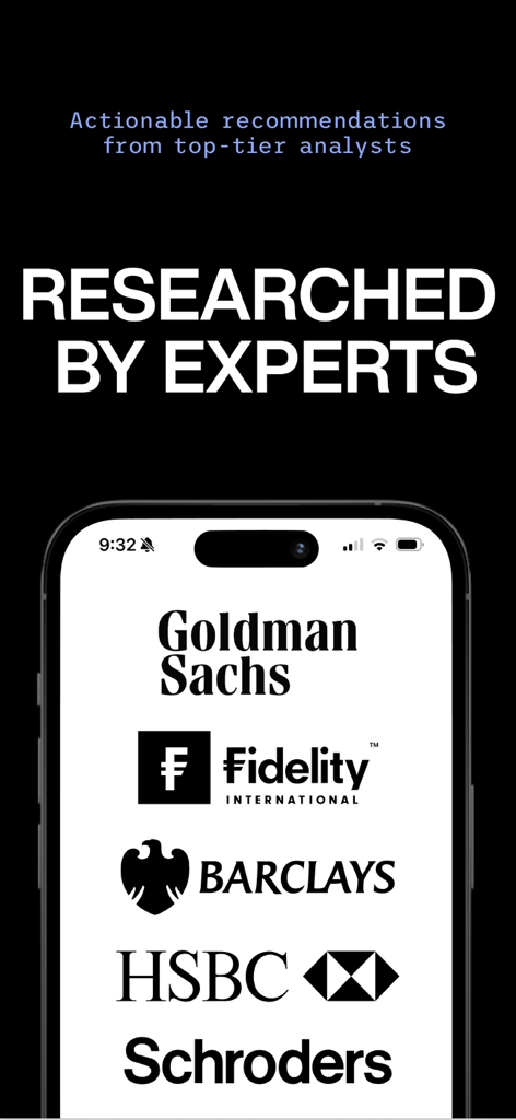 Écran de l'application Finimize présentant des recherches d'investissement par des analystes de premier plan et les logos des principales institutions financières
