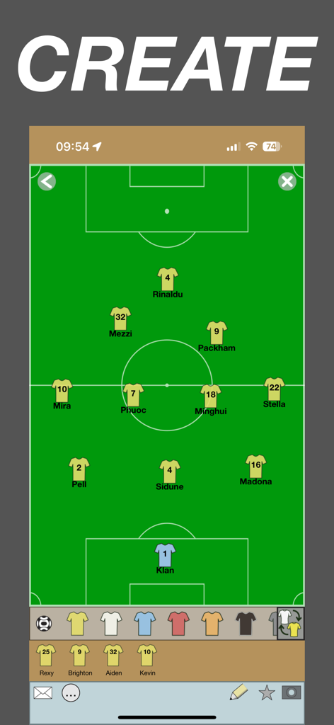 Capture d'écran d'une application mobile affichant la composition d'une équipe de football avec les joueurs positionnés sur un terrain vert