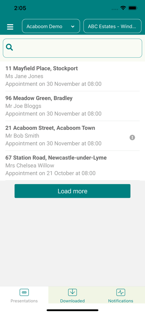 Acaboom - Dashboard der Acaboom-App, das eine Liste bevorstehender Immobilienbesichtigungstermine und Kundendetails anzeigt