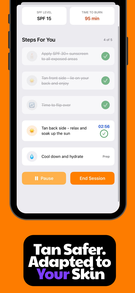 Sunglow: Safe Tanning - Interface móvel do aplicativo Sunglow mostrando uma sessão de bronzeamento guiada com lista de verificação, timer e rastreamento de SPF.