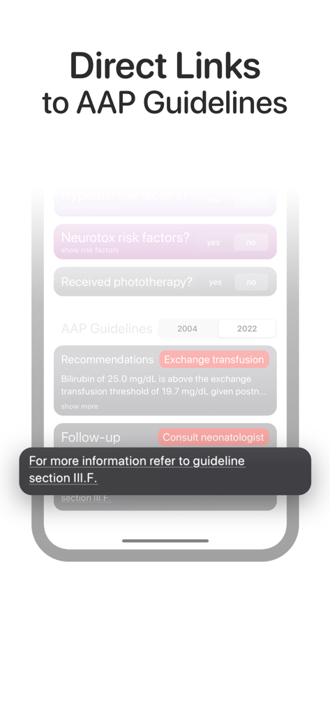 Bilirubin: Bilitool Bili Tool - Interface of the Bilirubin app showing direct links to AAP medical guidelines for jaundice management