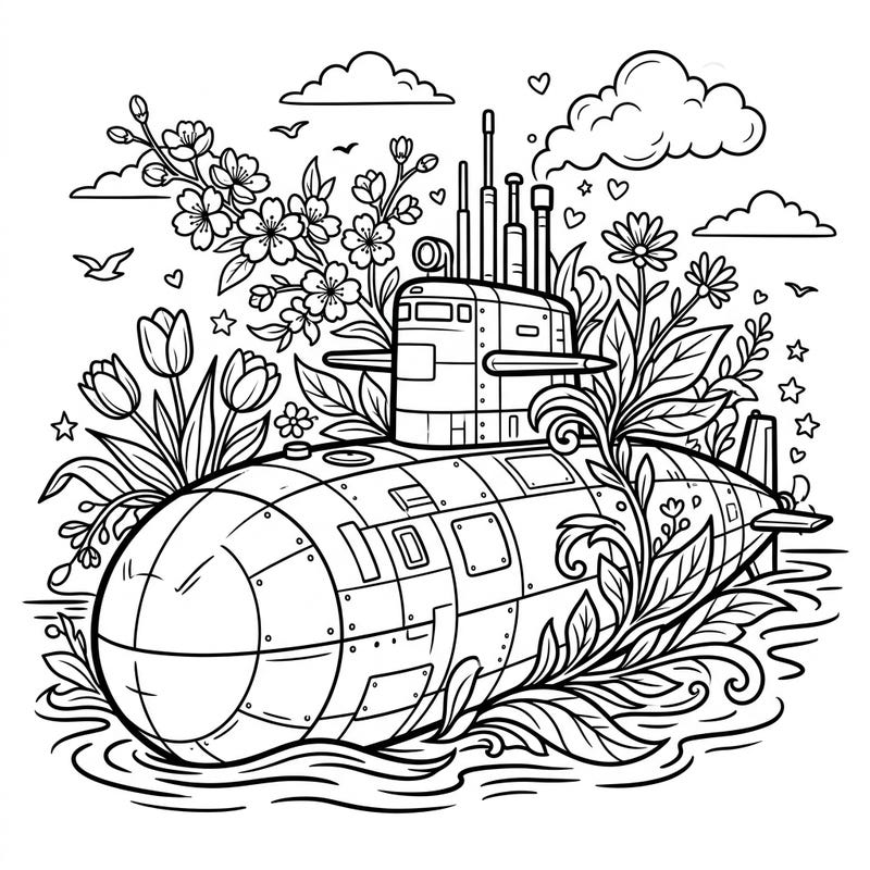 Explore a truly unique blend of power and beauty with this military submarine coloring page, set against a vibrant spring backdrop. Adorned with delicate flowers and lush greenery, it offers a fascinating scene for colorists of all ages.