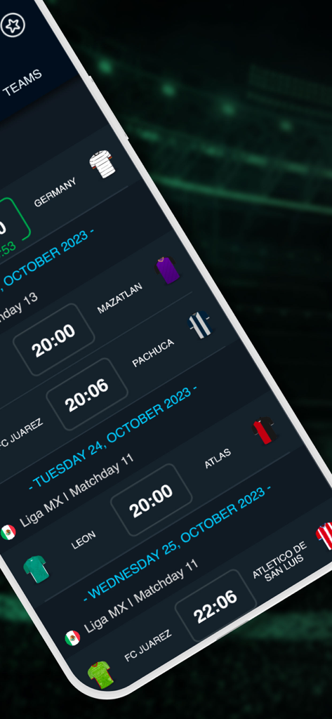 Mexican football app showing upcoming Liga MX match schedules and team kickoff times