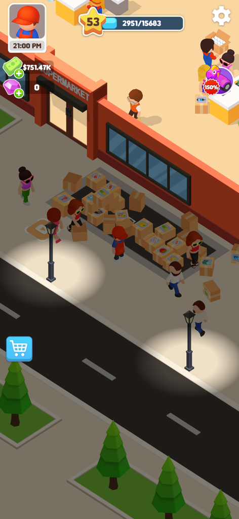 My Supermarket! - Gameplay screenshot of My Supermarket showing characters managing delivery boxes outside the store at night