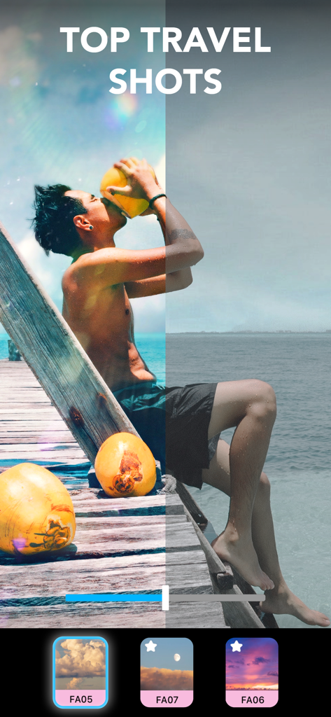 Vorher-Nachher-Vergleich einer Reisefotobearbeitung mit Lightleap-Filtern und Himmel-Austausch