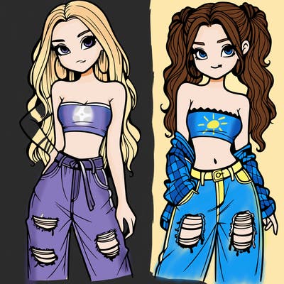 2 girls in crop tops and baggy jeans ripped