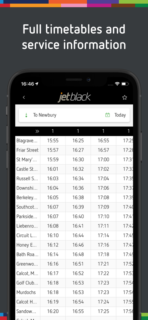 A mobile interface displaying the Reading Buses jetblack route timetable with scheduled departure times for various stops heading to Newbury.