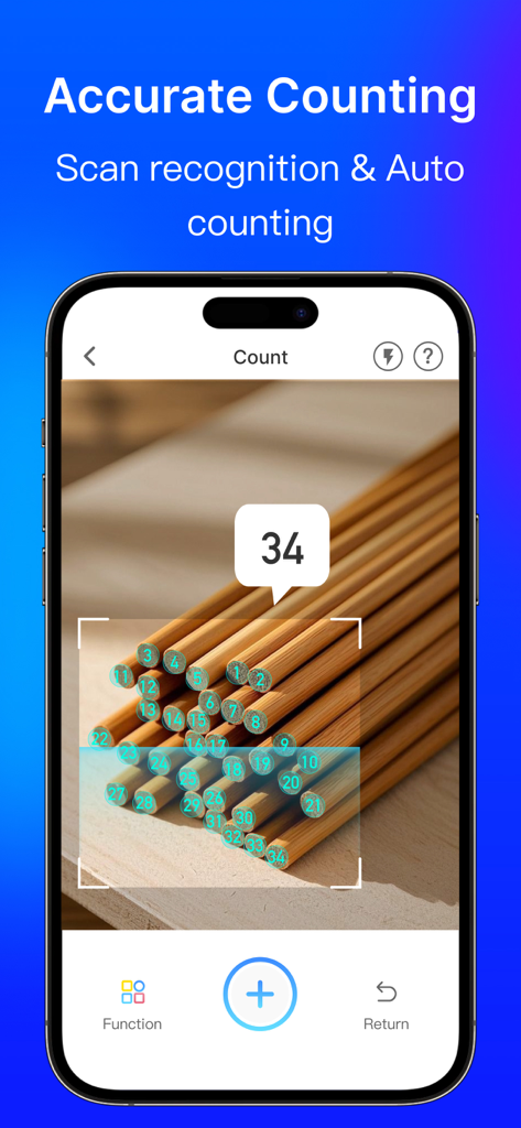 AI Scanner-Count&Measure - AI Scanner app interface showing scan recognition and auto counting of a stack of wooden rods