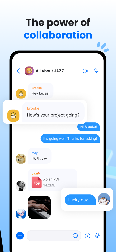 ChatMe - Chat with me - ChatMe group chat interface showing text messages and a shared PDF file