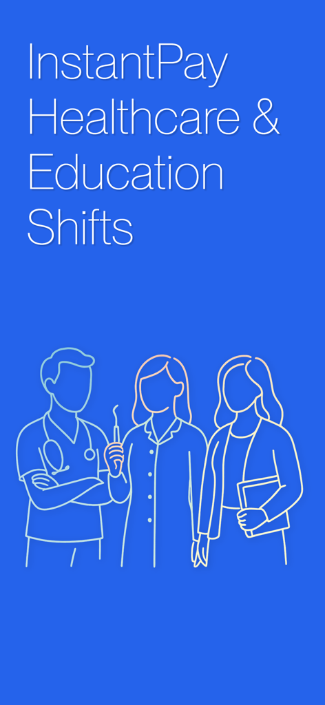 Clipboard app interface showing InstantPay for healthcare and education shifts with illustrations of medical and education professionals