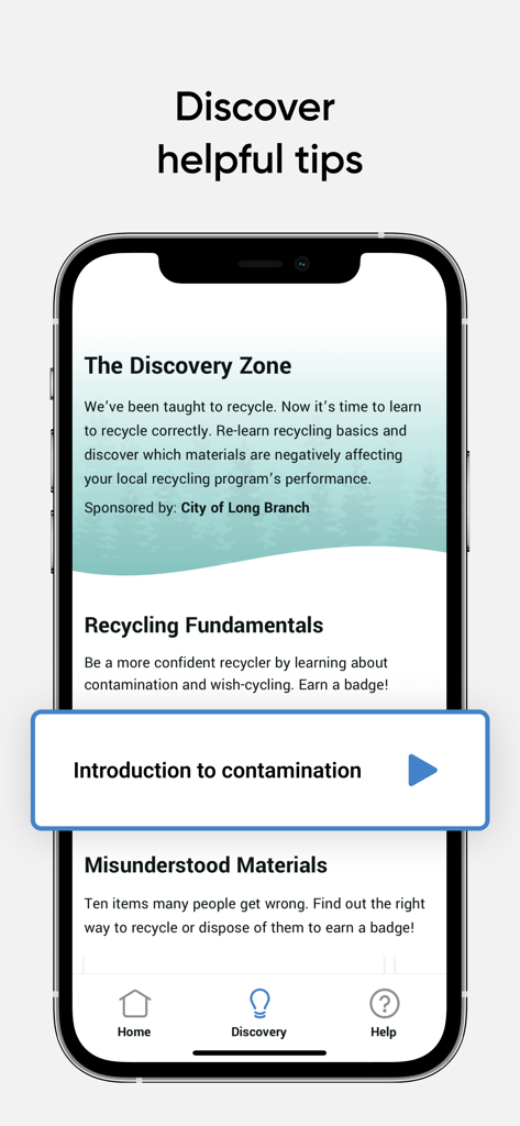 Recycle Coach - Recycle Coach app Discovery Zone screen featuring educational tips on recycling fundamentals and contamination.