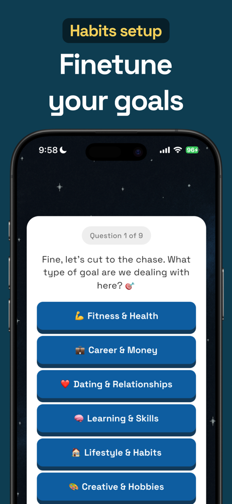 Goodtails: Dog Training & Care - A mobile onboarding screen titled Habits setup asking the user to choose a goal category like Fitness and Health or Lifestyle and Habits.