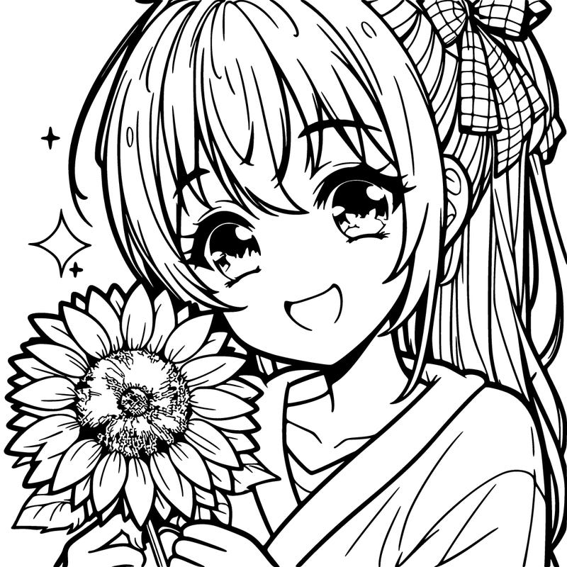 anime girl holding sunflower smiling