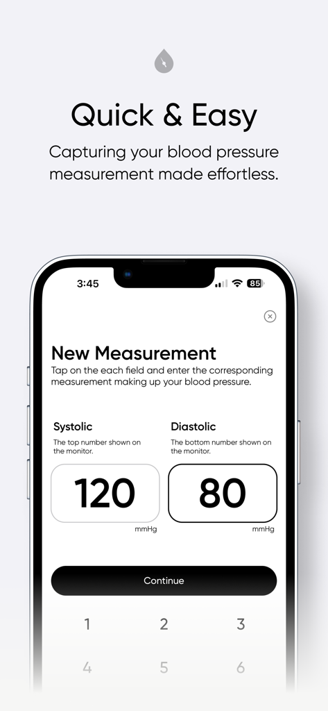 Interface of the Simple Blood Pressure Tracker app showing fields to enter systolic and diastolic readings
