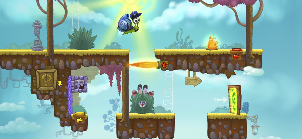 Snail Bob jumping with a jetpack shell over obstacles in a 2D puzzle level