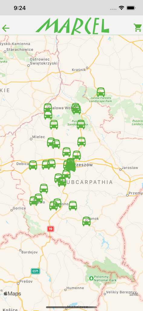 Map view in the Marcel Bus app displaying bus routes and stop locations in the Subcarpathia region of Poland