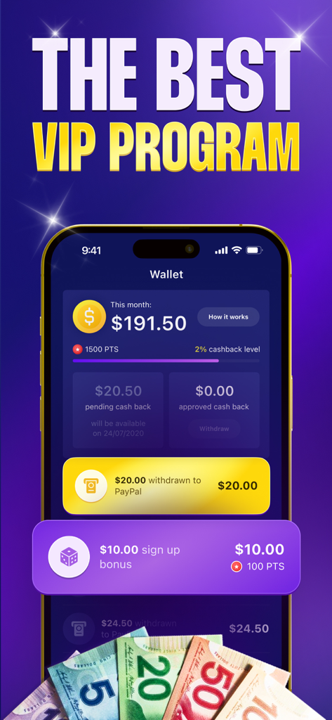 「最高のVIPプログラム」というテキストの下に、キャッシュリワードと2パーセントのキャッシュバックレベルが表示されたウォレットインターフェースを示すスマートフォン。