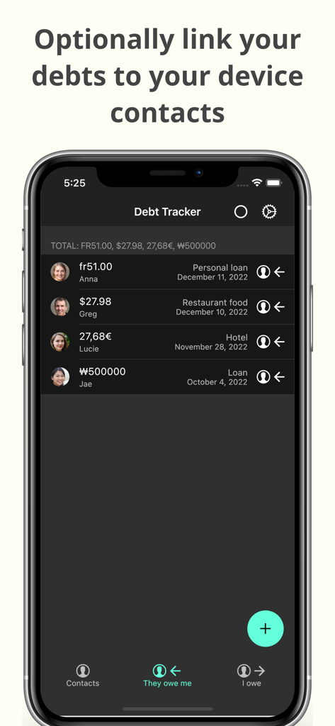 Debt Tracker - Debt payoff - Interfaccia dell'app Debt Tracker che mostra un elenco di contatti che devono denaro con dettagli sui debiti e importi in diverse valute