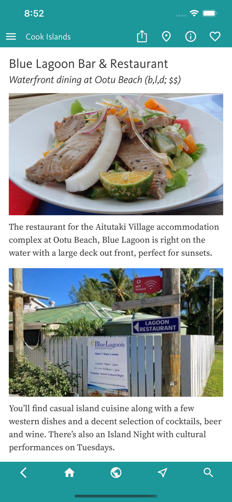 Uma captura de tela do aplicativo Cook Islands Best apresentando uma listagem de restaurantes para o Blue Lagoon Bar and Restaurant com fotos de comida e da vista externa.
