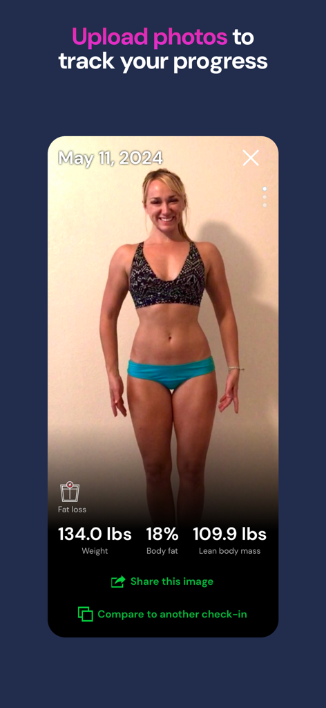 A fitness progress photo in the app showing weight body fat percentage and lean body mass metrics.