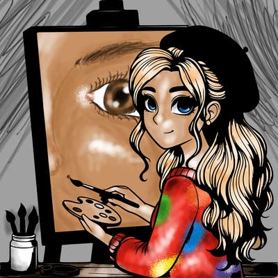 realistic girl artist painting a blank canvas