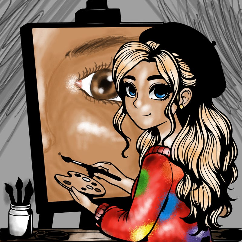 realistic girl artist painting a blank canvas