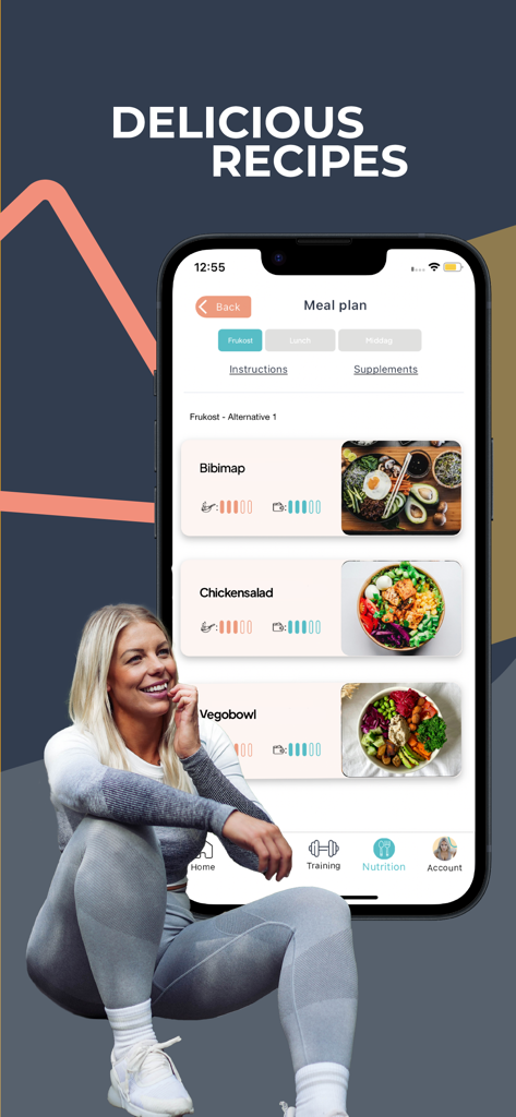 KORE by KOROS - Smartphone zeigt einen Ernährungsplan mit gesunden Rezepten, einschließlich Bibimbap und Hühnchensalat, in der KORE Fitness-App.