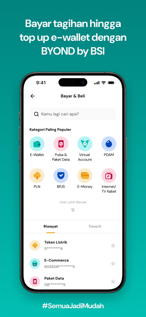 Mobile screen of BYOND by BSI app showing various bill payment and e-wallet top up categories