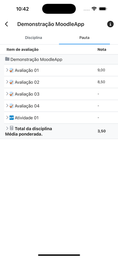 Talento Moodle - A screen from the Talento Moodle app showing a list of course evaluations and academic grades.