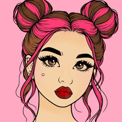 realistic girl with two buns on her hair and lips