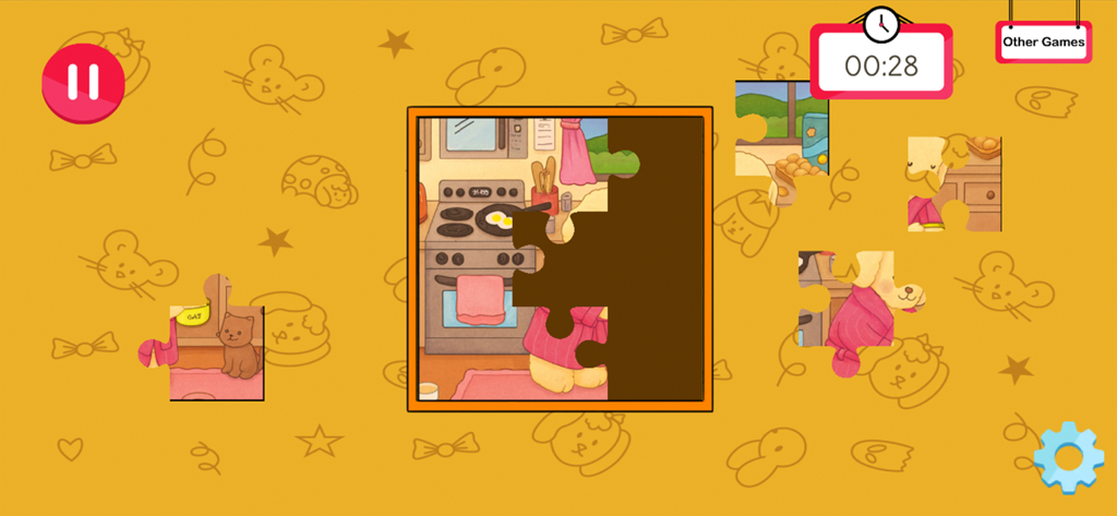 Bobbie Goods coloring book - Bobbie Goods 컬러링 앱의 포근한 주방 장면에 귀여운 강아지 캐릭터가 등장하는 지그소 퍼즐 인터페이스