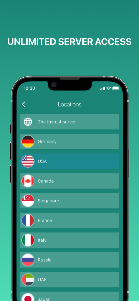 Simple VPN Pro - Fast VPN - Simple VPN Proアプリの画面。アメリカやドイツを含むグローバルサーバーの場所のリストが表示されている。