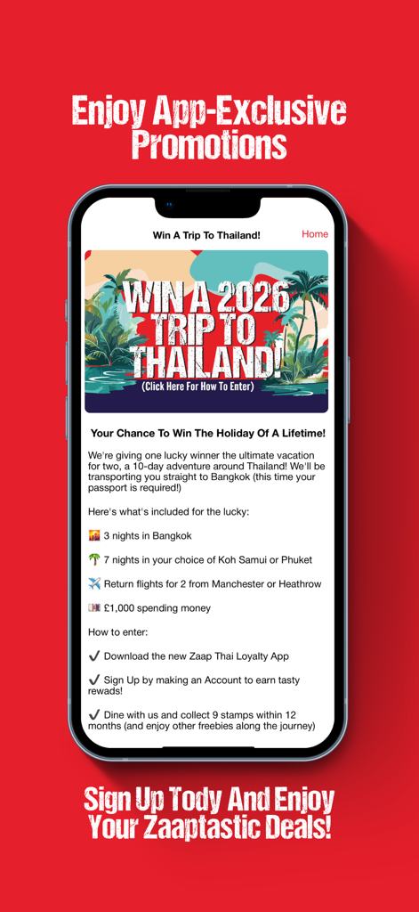 Club ZAAP app screen showing an exclusive promotion to win a trip to Thailand.