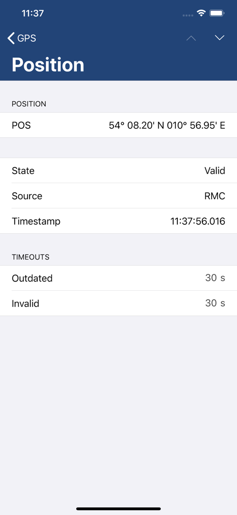 NMEAconnect - Coordonnées GPS et détails de la source de données sur l'application NMEAconnect