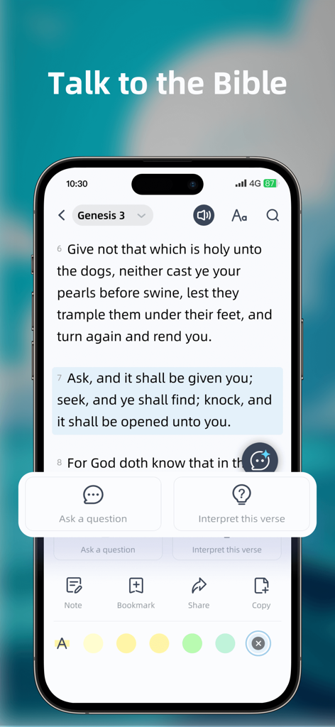 Grace: Bible Chat - Pantalla del teléfono inteligente de la aplicación Grace Bible Chat que muestra un versículo de Génesis con opciones interactivas para hacer preguntas e interpretar las escrituras.