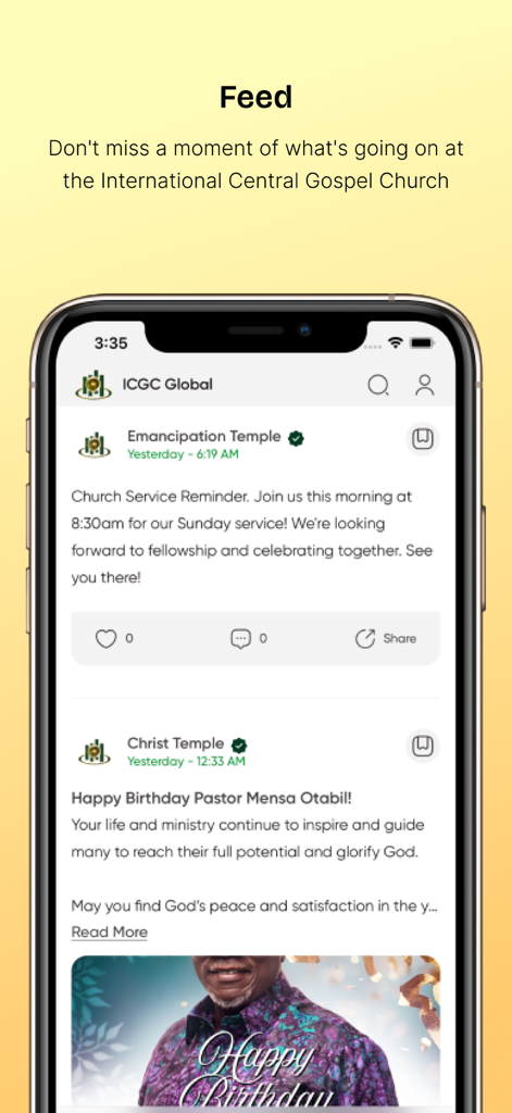 Screenshot of the ICGC mobile app social feed showing church service reminders and community updates