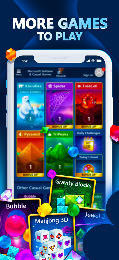 Tela do aplicativo móvel Microsoft Solitaire Collection apresentando vários modos de solitária e jogos de quebra-cabeça casuais.