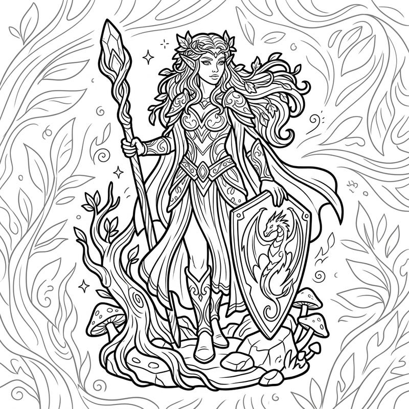 Step into a realm of magic with this stunning elf warrior coloring page, perfect for fantasy enthusiasts. Adorned with a detailed dragon shield and staff, this powerful character invites you to bring her world to life with color.