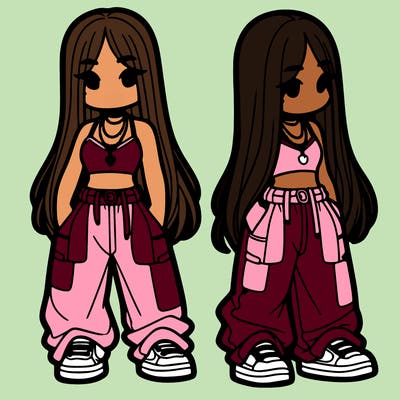 girl in baggy pants crop top and long hair