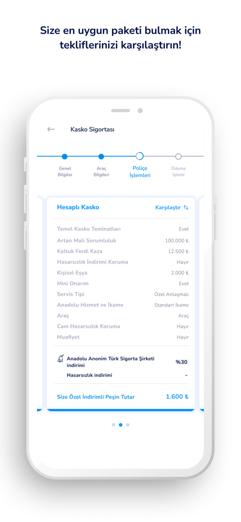 Sigortam Cepte mobile app interface showing car insurance policy details and price quote