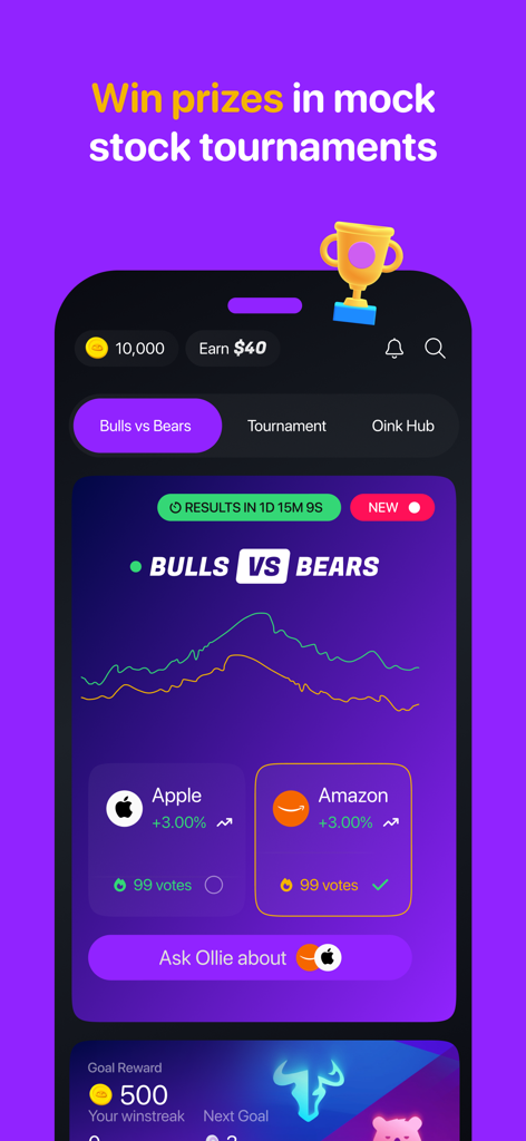 Bloom: Learn to Invest - Bloom app interface showing mock stock tournaments and the Bulls vs Bears trading game
