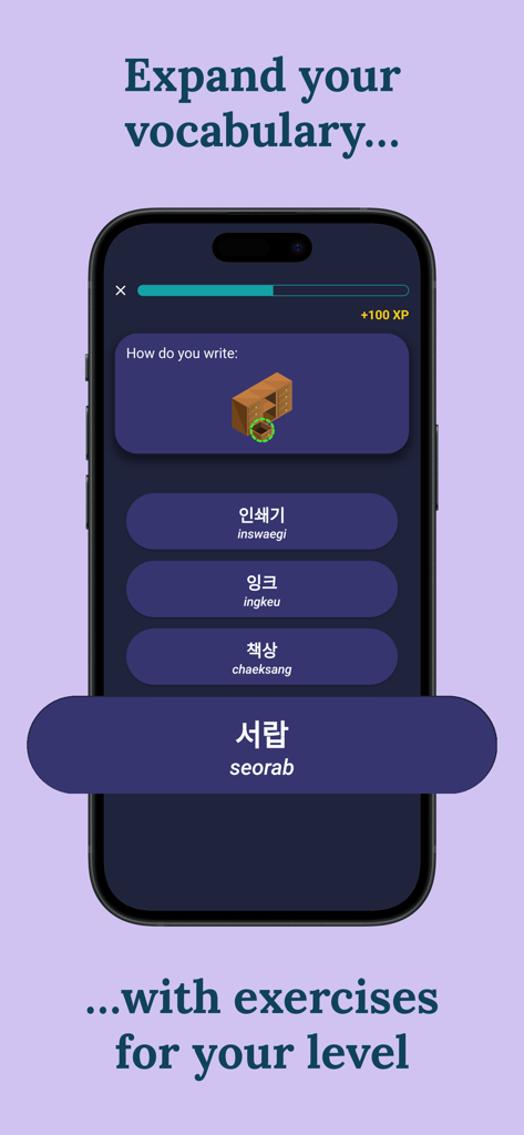 Learn Korean (Beginners) - Korean language learning app showing a multiple choice vocabulary exercise with Hangul and Romanization.