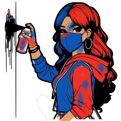 realistic girl with mask spray painting a wall