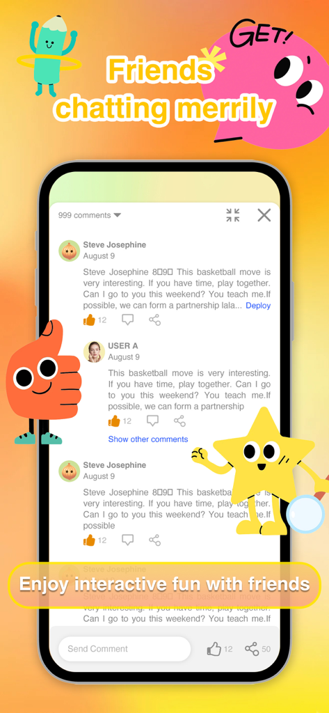Smartphone screen showing a comment and chat interface with playful cartoon characters and user messages