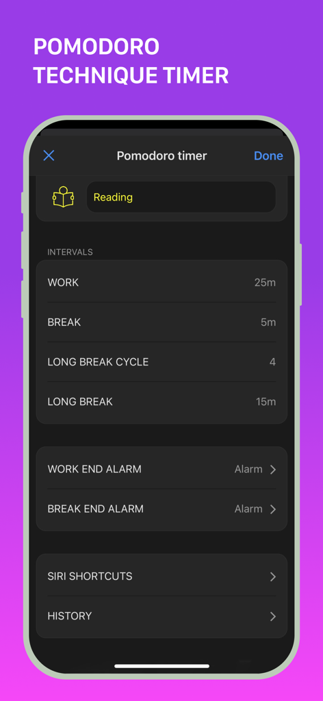 MultiTimer app Pomodoro technique timer settings showing work and break intervals
